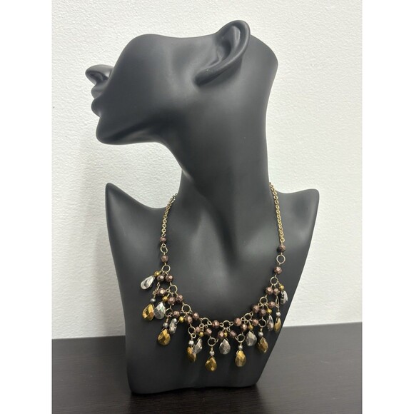 Vintage Bib Necklack Statement Red Orange Brown Silver Beads Costume - Picture 2 of 10